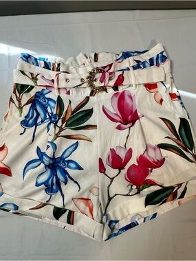 High-Waist Floral Printed Women’s Shorts - White with Pink & Blue Blossoms